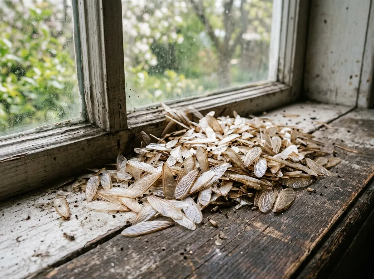 A discarded pile of translucent termite wings on a windowsill in spring