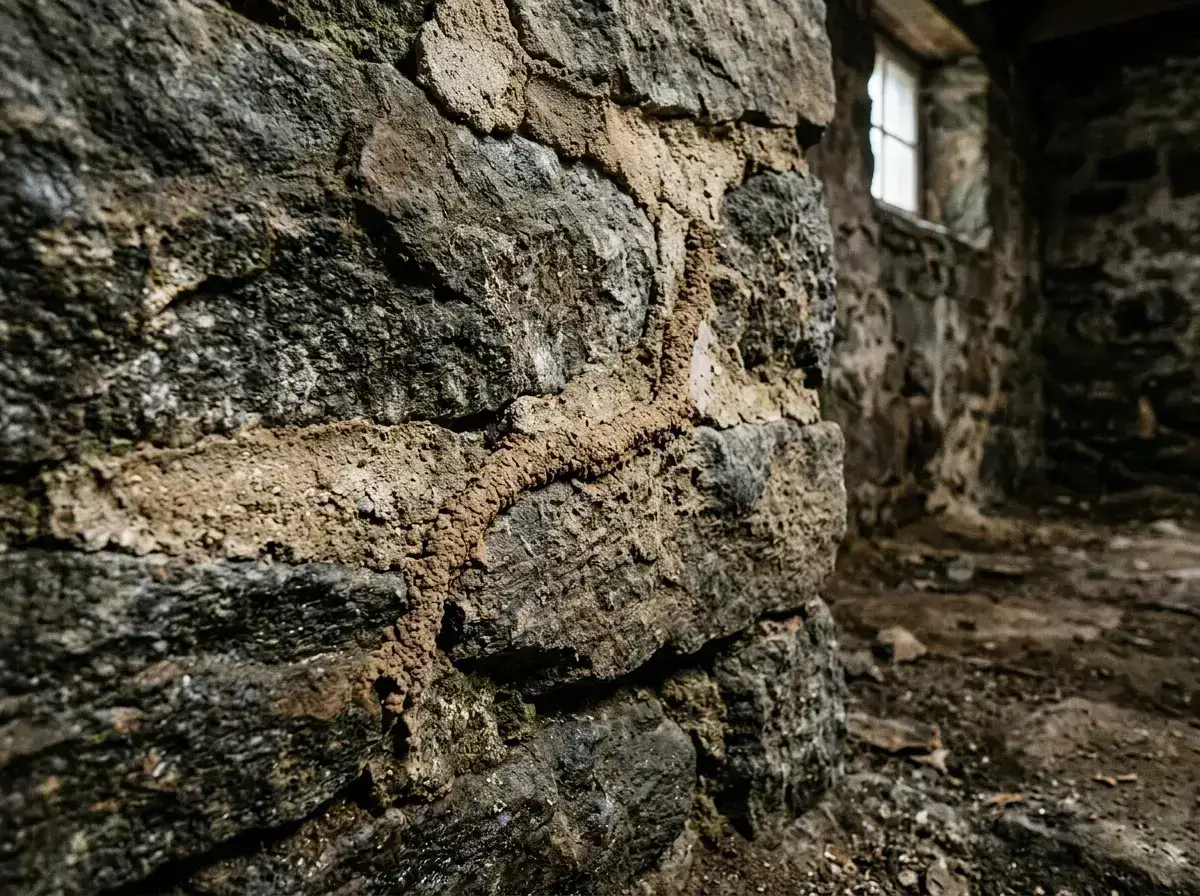 A mud tube crossing the mortar joint of an old stone basement wall