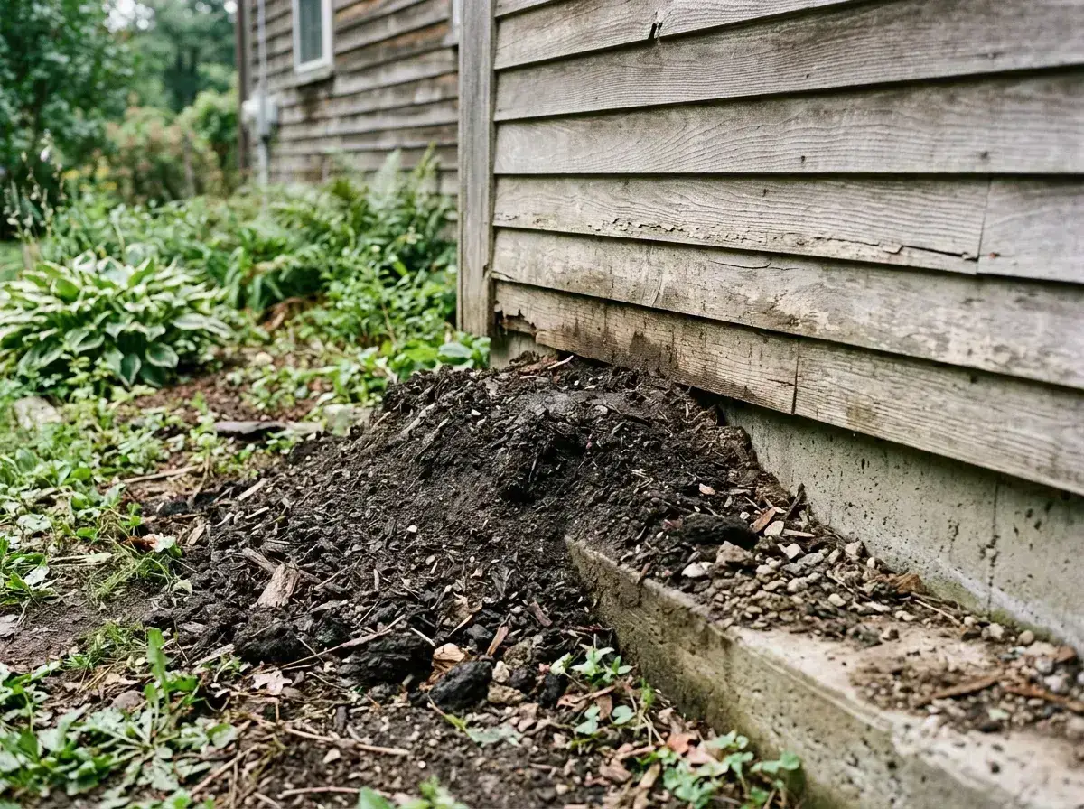 Soil grade sitting above the top of a foundation wall against wood siding