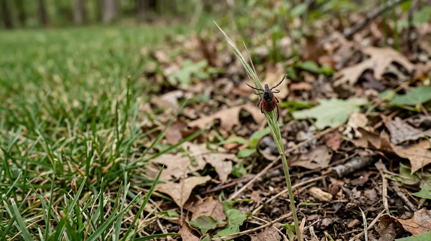 A blacklegged deer tick on the tip of a tall grass blade where mown lawn meets leaf litter