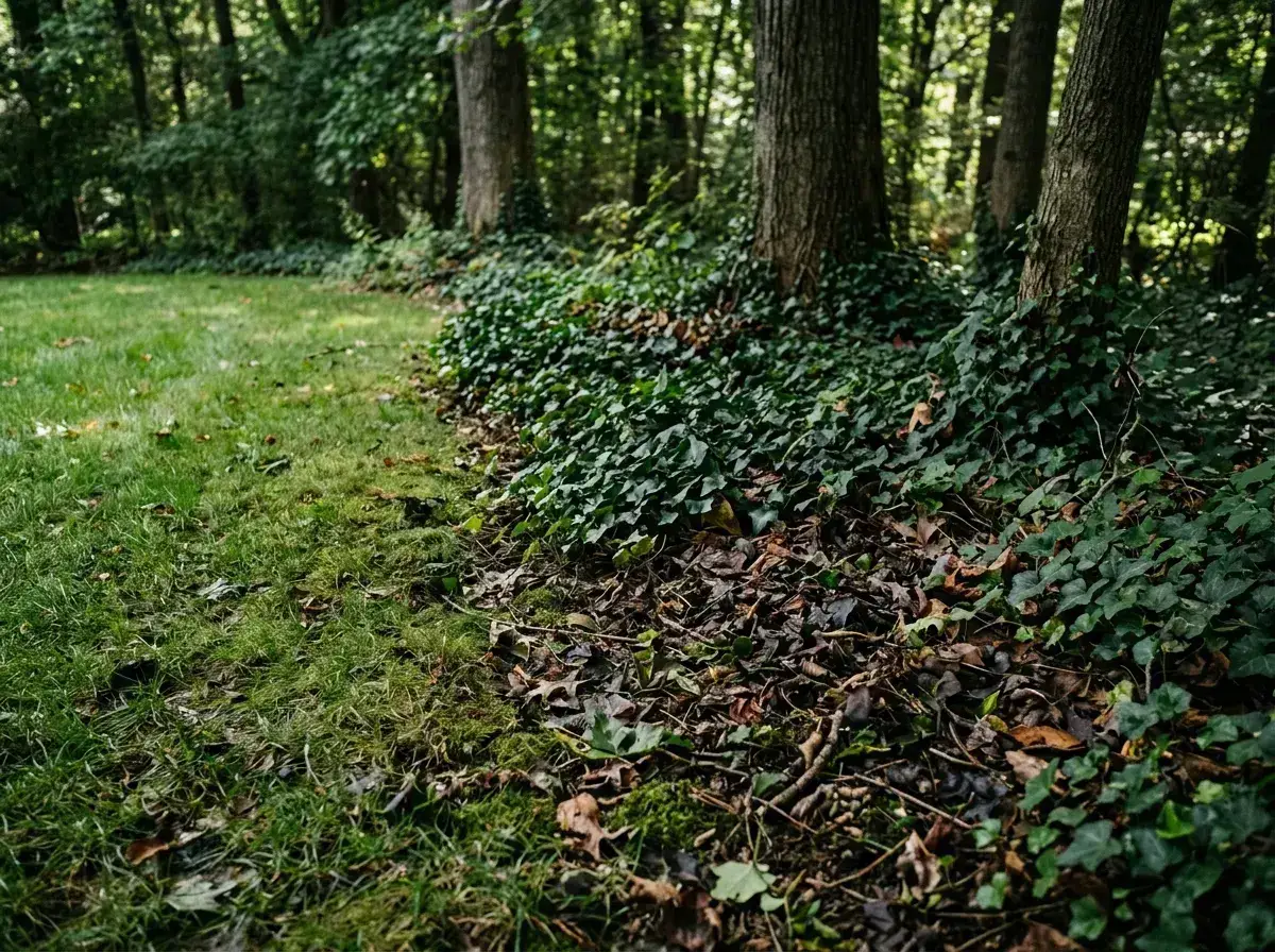 The shaded edge of a suburban lawn where turf gives way to ivy and deep leaf litter