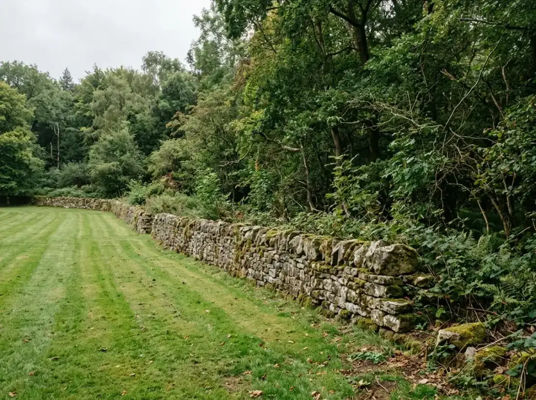 A stone wall boundary between a mown lawn and mature woodland