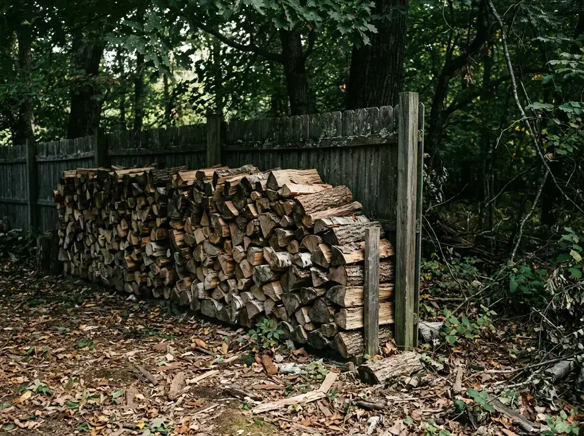 A woodpile stacked against a shaded fence line