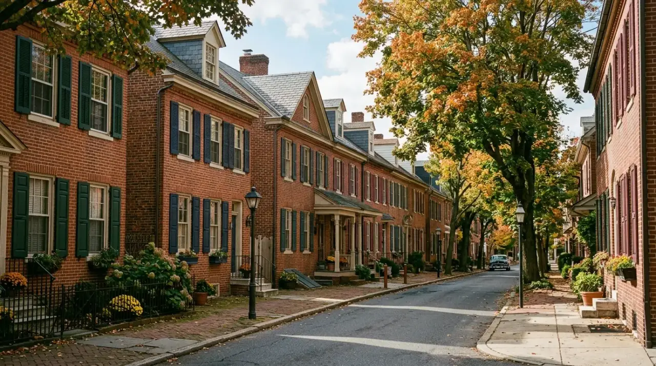 Brick rowhouses with painted shutters on a tree-lined borough street, typical of West Chester construction