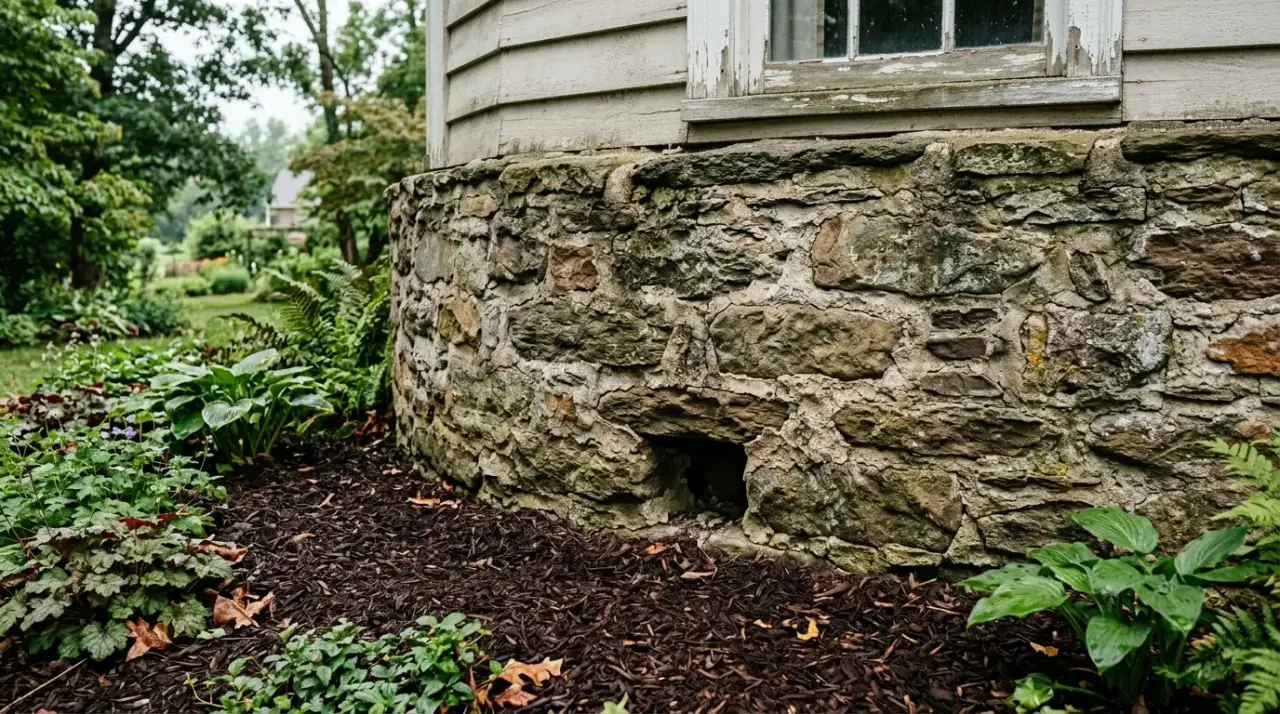 Stone foundation wall of an older Pennsylvania house with a mortar gap at grade, a common pest entry point