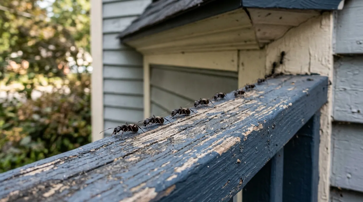 Carpenter ants trailing along the top of a wooden porch rail toward a soffit corner