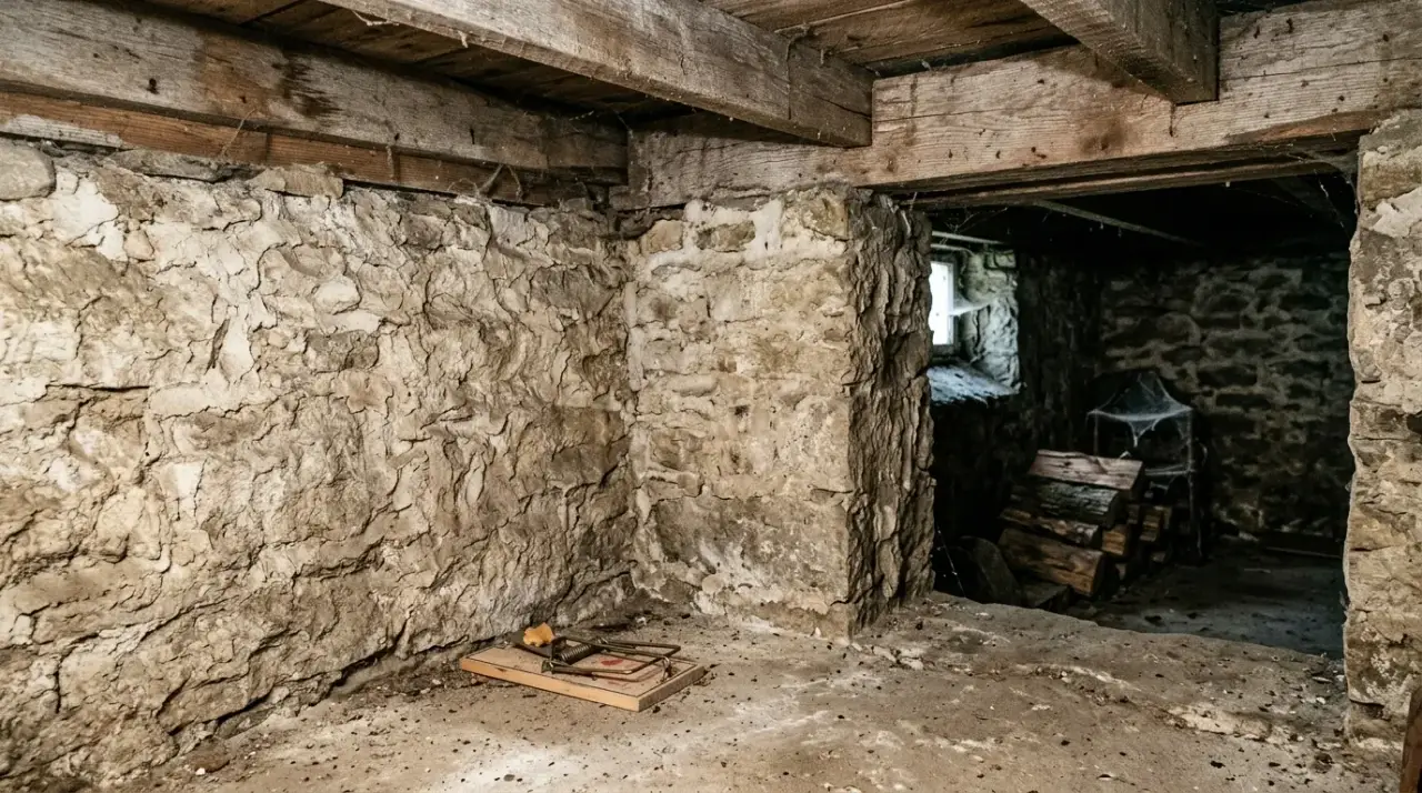 Basement corner of an older stone house with exposed joists and a rodent snap trap set along the wall line